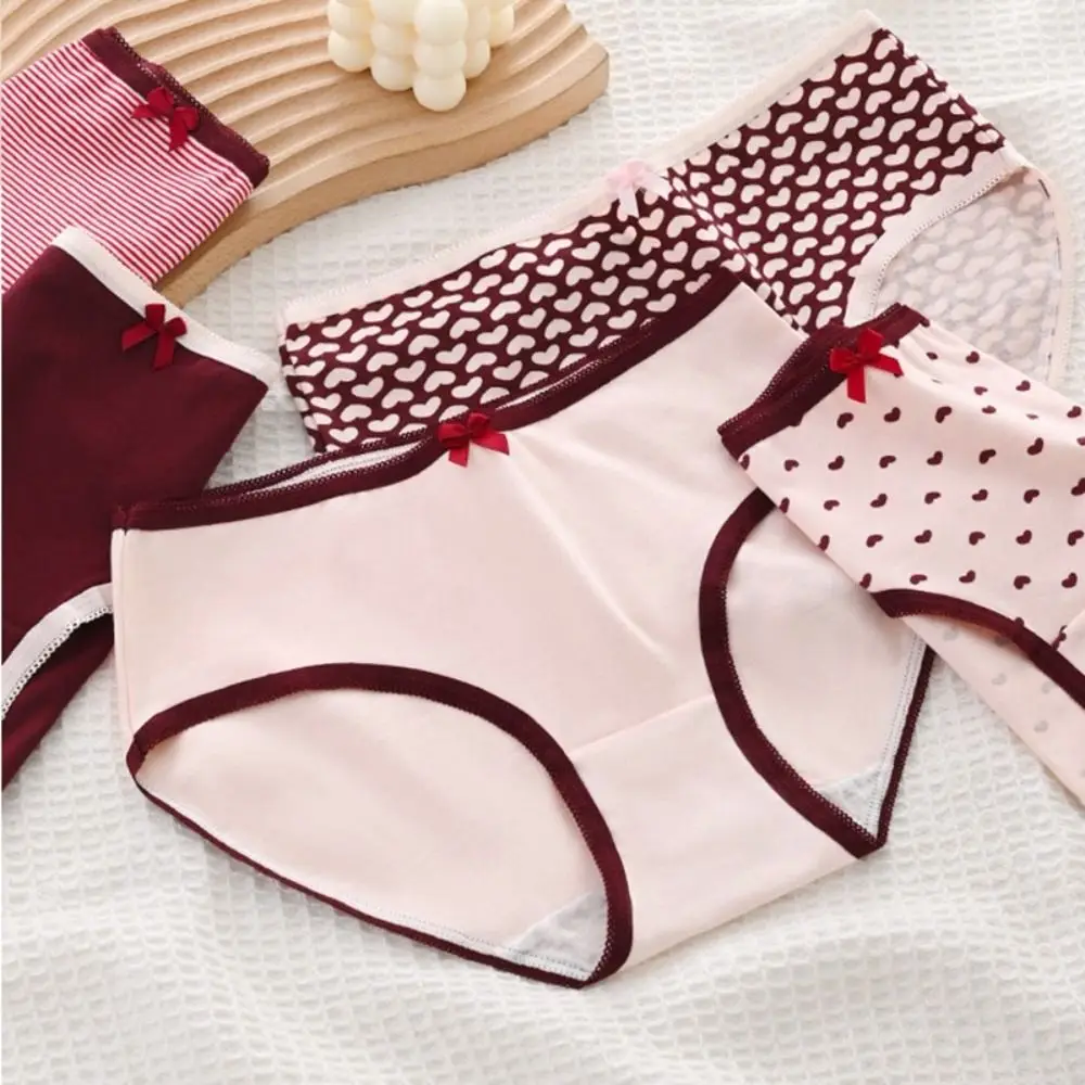 

5PCS Sweet Stripes Love Heart Panties Low Waist Bowknot Strawberry Briefs Underpants Women Underwear Underwear