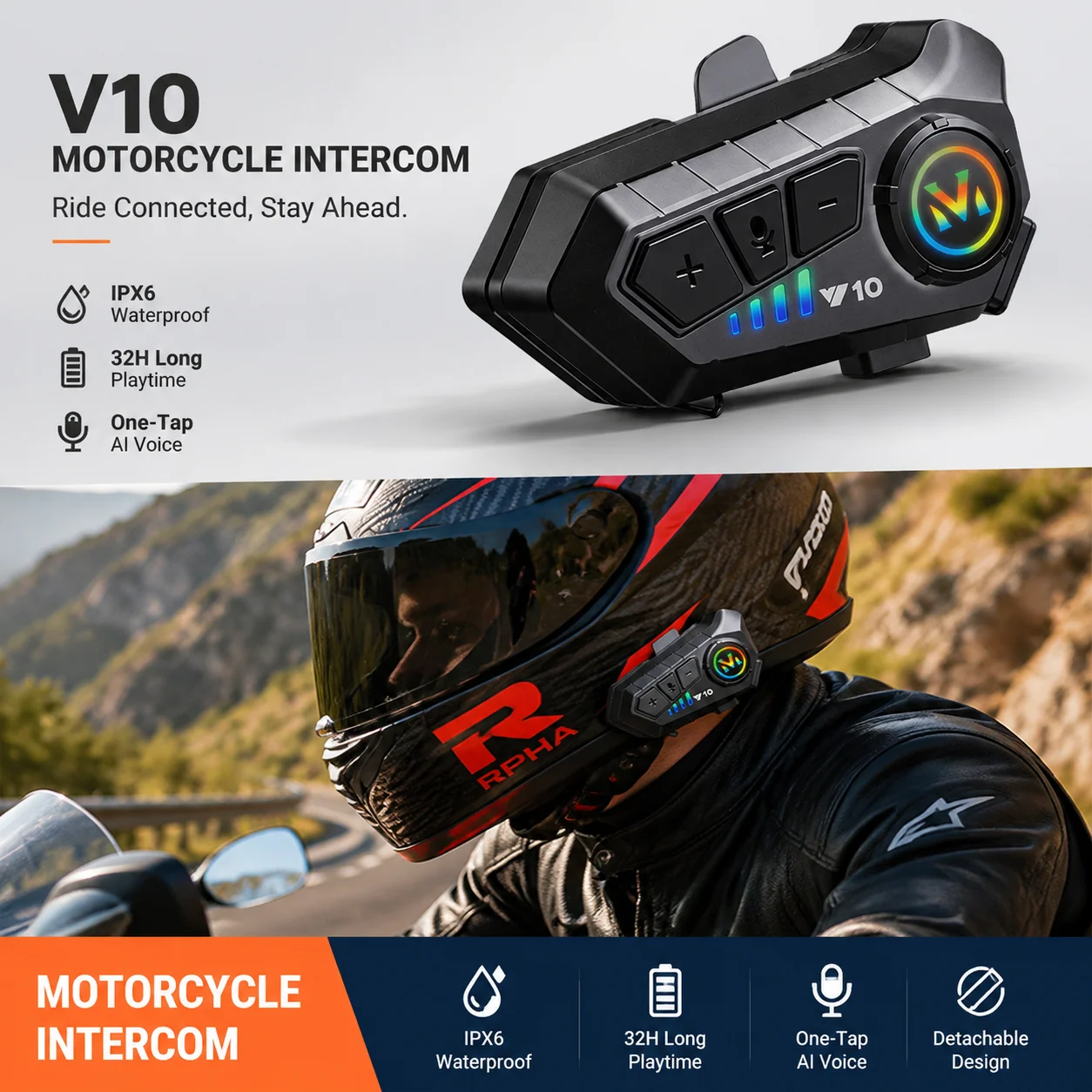Kit d'interphone Bluetooth avec micro à fil souple et lumière RGB pour casque de moto intégral Y10