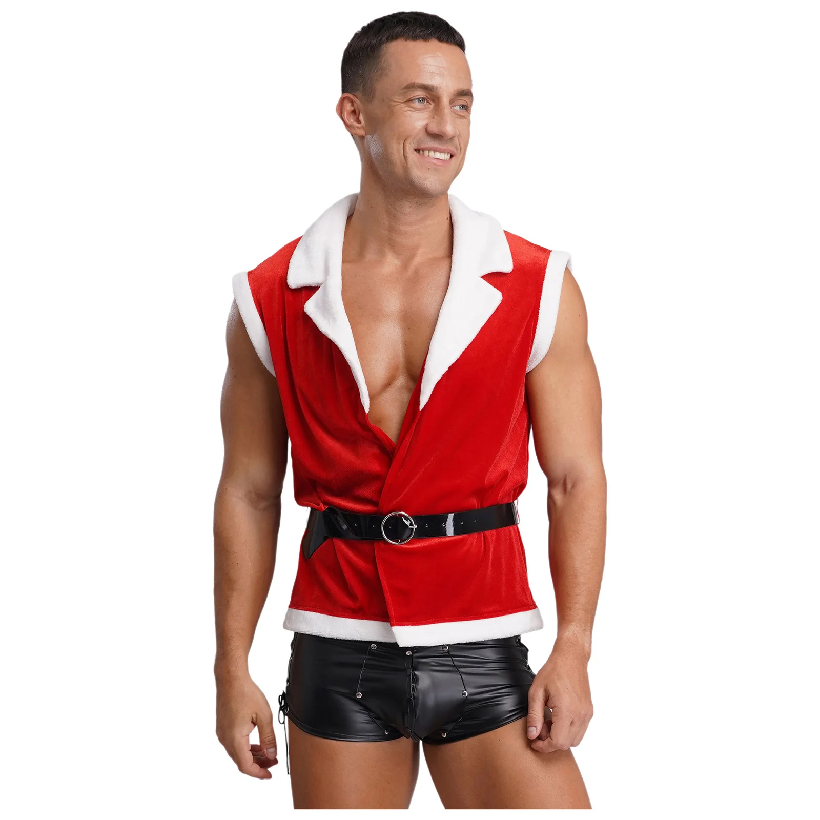 

Mens Christmas Xmas Santa Claus Cosplay Party Costume Notched Collar Open Front Velvet Vest with Adjustable Faux Leather Belt