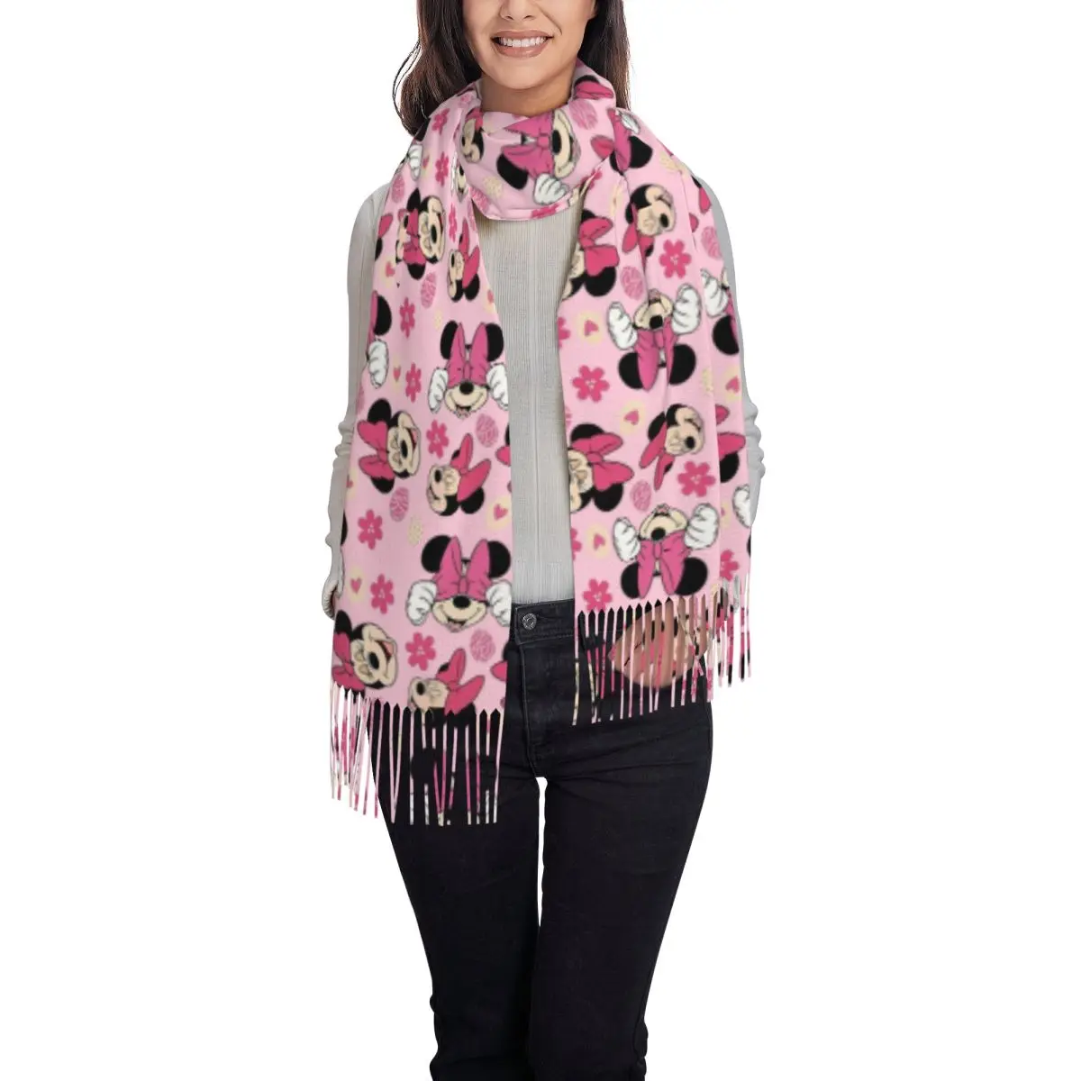 Custom Mickey Mouse Minnie Sjaal Wrap Vrouwen Lange Winter Herfst Warm Kwast Sjaal Unisex Sjaals