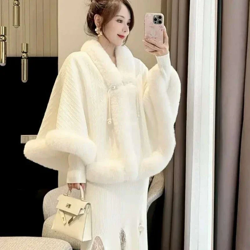 Cashmere Faux Fur Neck Cape Shawl Sweater 2024 Autumn Winter Fashion Cloak Open Stitch Female Poncho Sweaters