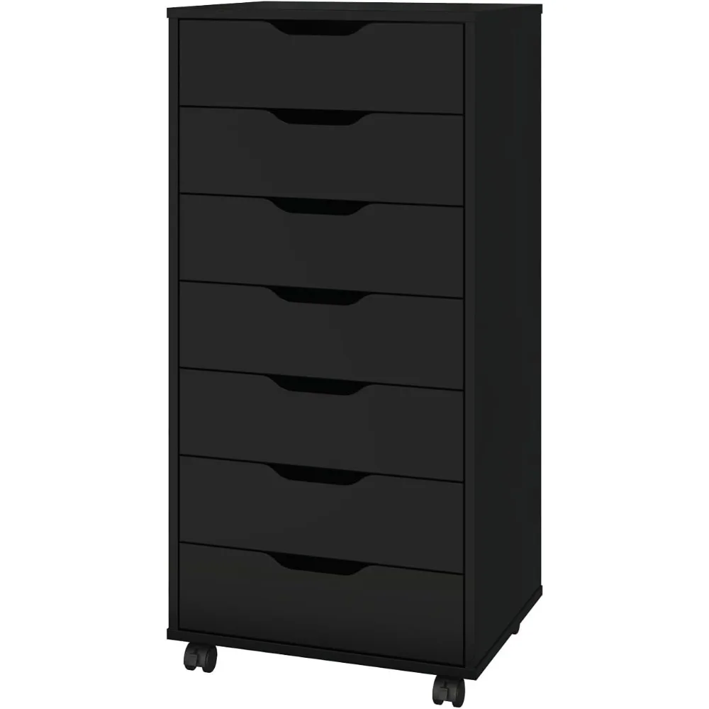 7 chest of drawers, wooden high dresser storage cabinet with wheels, office organization and storage, bedroom furniture，Black