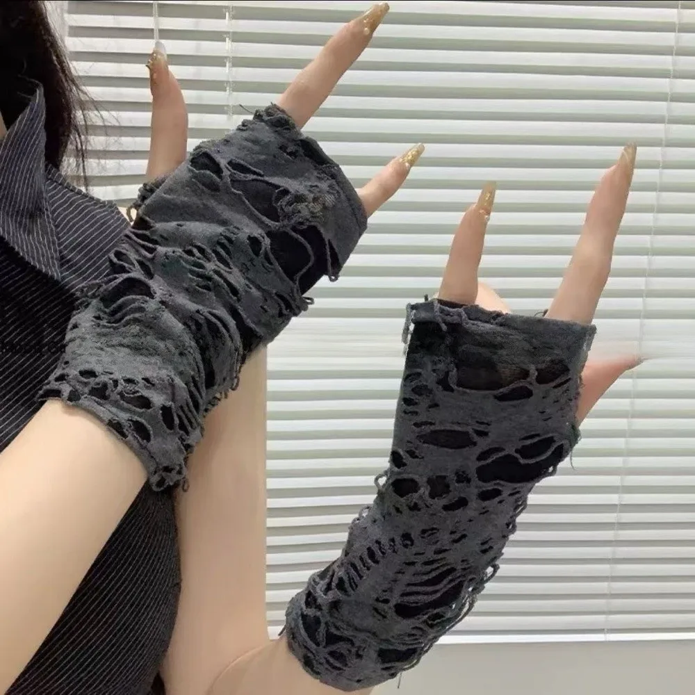 Fashion Gothic Style Fingerless Gloves Beggar Halloween Tear Punk Gloves Hollow Out Breathable Ripped Gloves Halloween