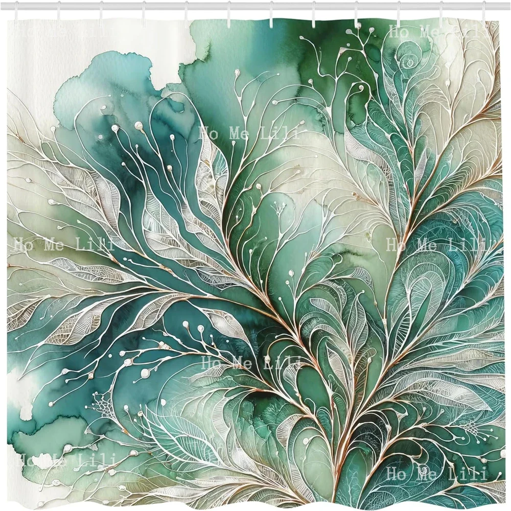 Abstract Marble Print Design Of Greenery Clouds And Dreamy Leafy Peduncles Teal Shower Curtain Bathroom Decor With Hooks