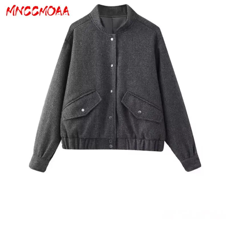 

MNCCMOAA-Women's Stand Collar Pilot Jacket, Casual Long Sleeve Coat, Pocket Button Outerwear, Female Fashion, Autumn Winter 2024