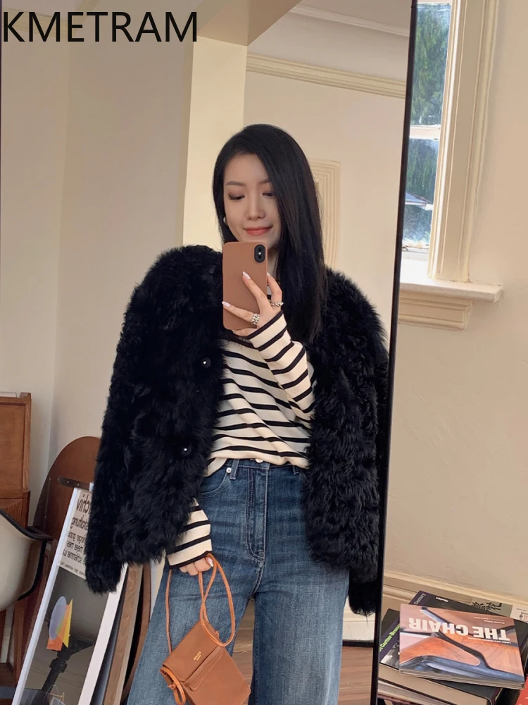 천연 투스카니 양털 양피 양면 퍼 재킷 여성 럭셔리 V넥 숏 리얼 퍼 코트 겨울 여성 의류 2025