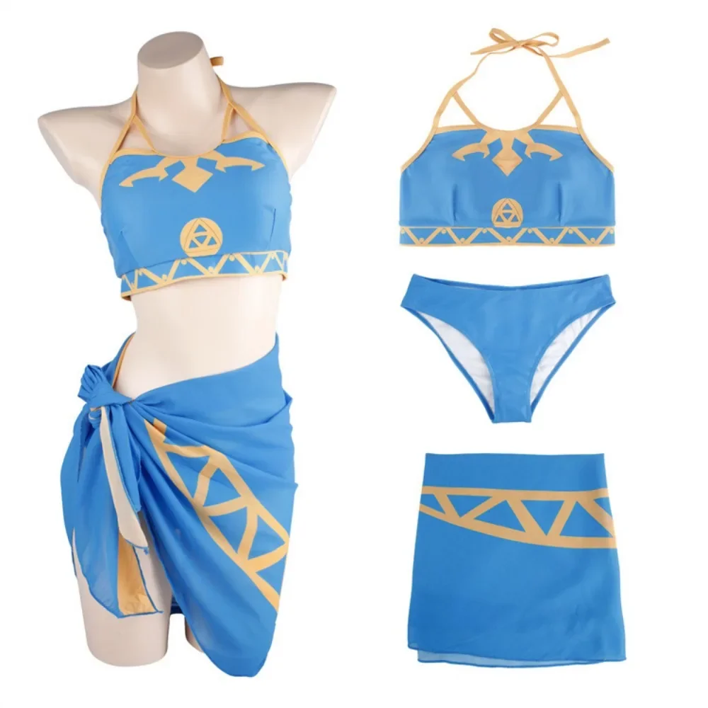 Game LOZ Princess Cosplay Costume Women Summer Blue Swimsuit 3 Pcs Set Wild Breath Princess Role Play Swimwear Halloween Party