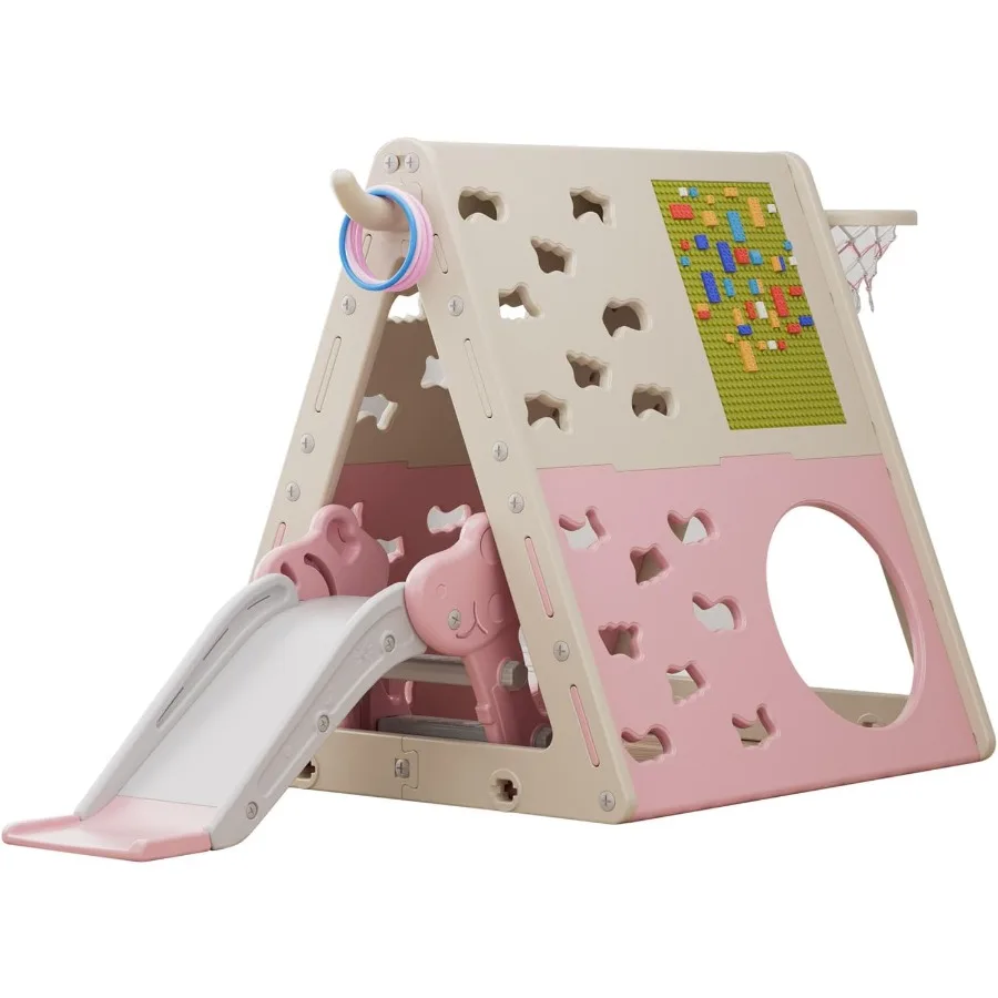 

7 in 1 Multi-Functional Climbing Pyramid Set with Slide for Home and Daycare Pink Plastic Climbing and Sliding Play Structure D