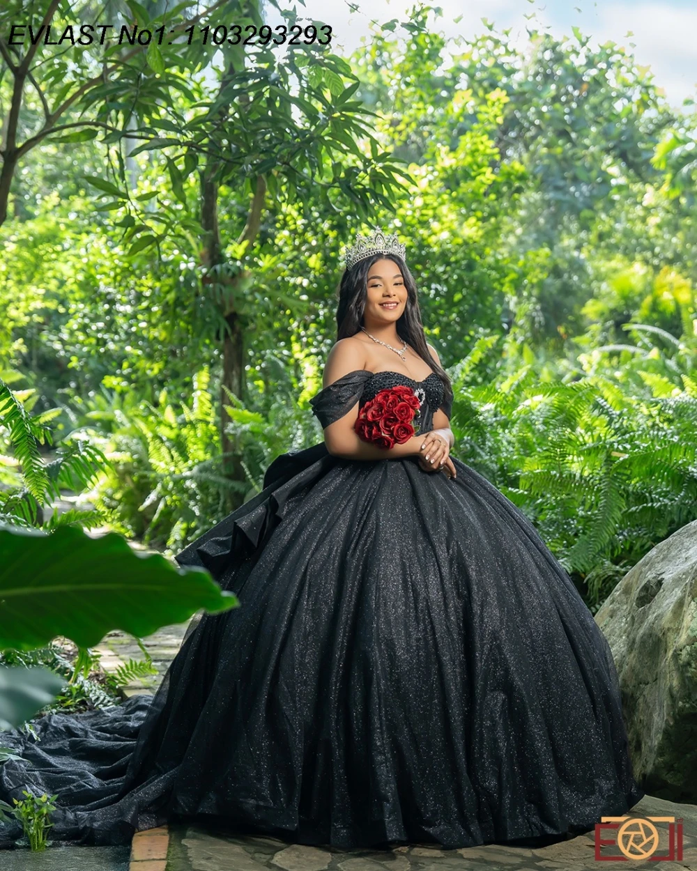 فستان Quinceanera أسود لامع مخصص من EVLAST مزين بالكريستال ومشد مطرز حلو 16 فيستدوس دي 15 أنوس E1QN641 #5
