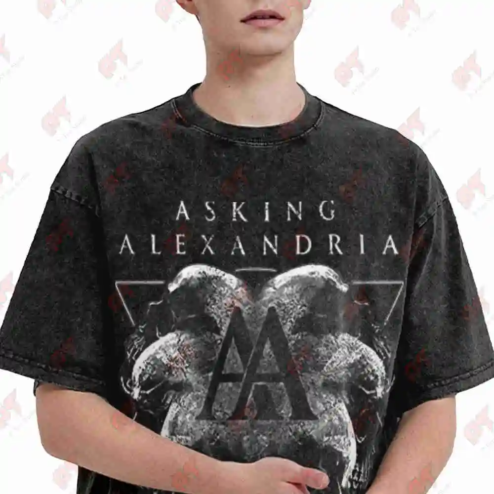 Asking Alexandria Rotating Skull Reckless Relentless Vintage Washed Tee Pure Cotton T-Shirt