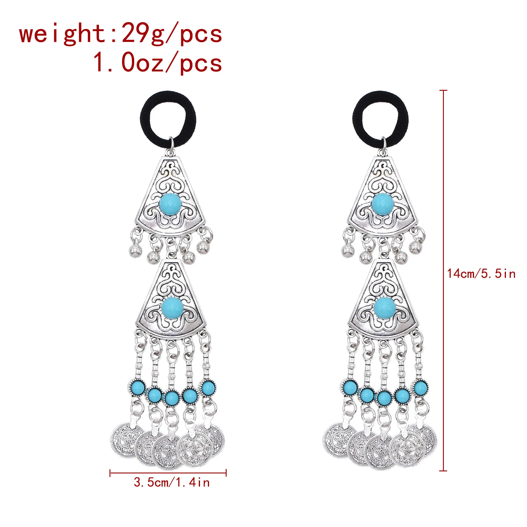 Kazakh National Style Geometric Carved Imitation Turquoise Coin Tassel Hair Band for Women Ethnic Hair Accessories