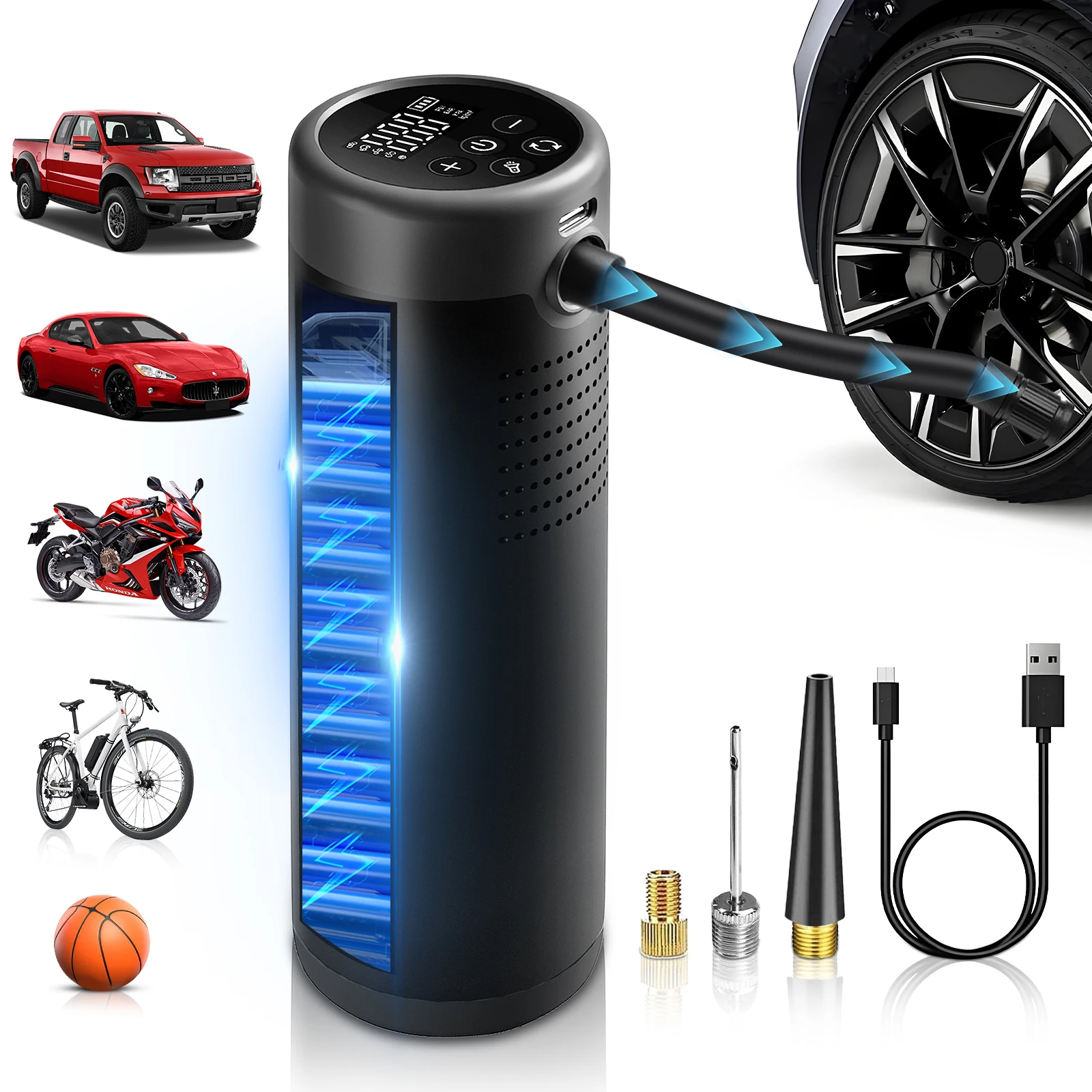 5200mAh Cordless Portable Tire Inflator Air Compressor, 150PSI, digital gauge & LED light, black. Fits cars, motorcycles, bikes