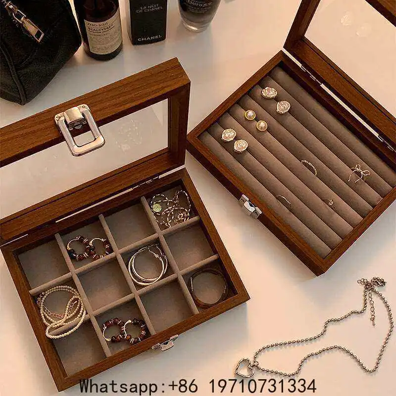 Walnut wood grain high-end exquisite jewelry box small hand jewelry ring necklace stud earrings storage box