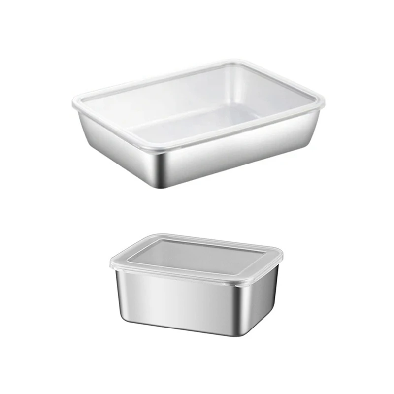 Stainless Steel Refrigerator Crisper Food Storage Box With Plastic Lid Prepare Seafood Fruit Vegetable Picnic Box Easy To Use S