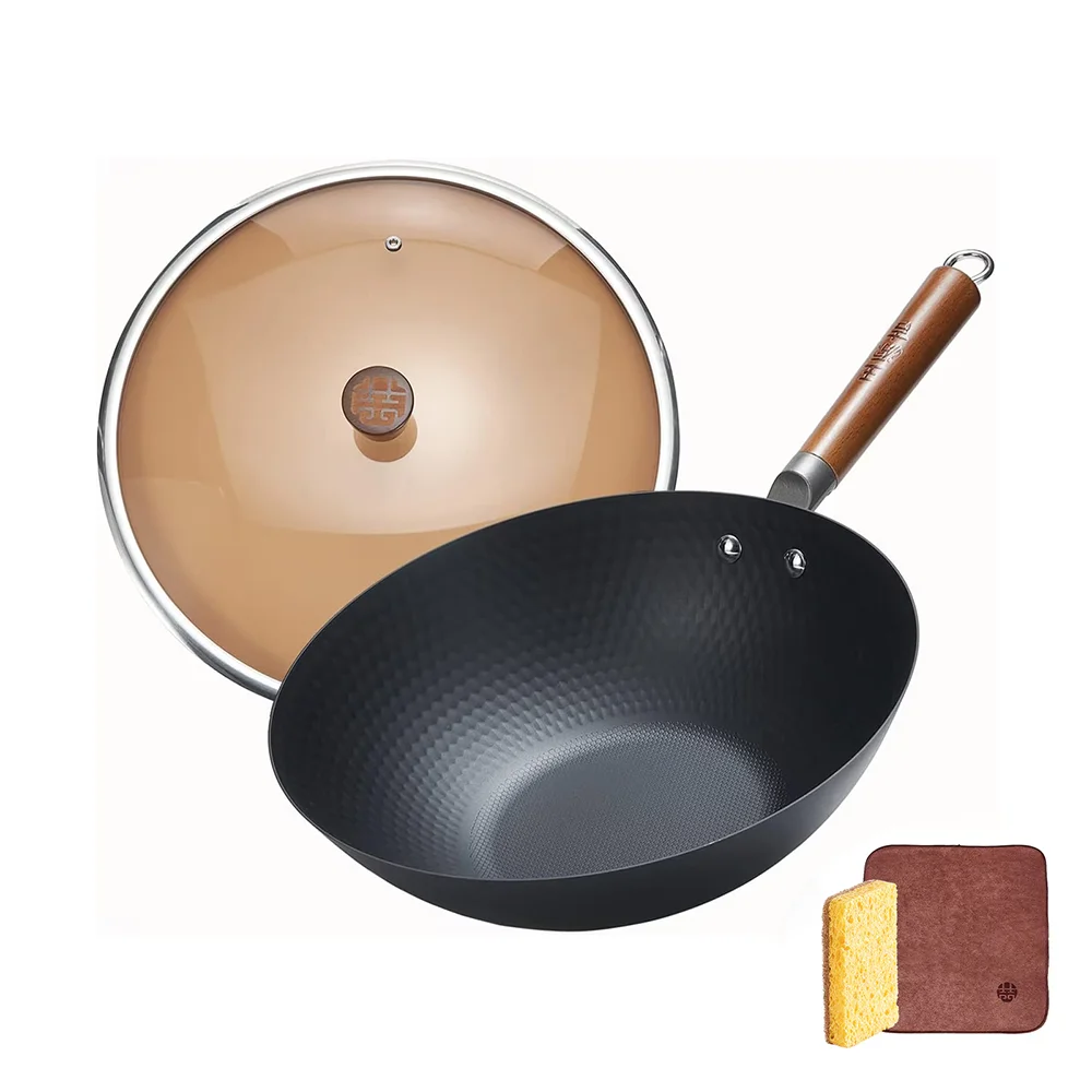 

Iron Wok 11.8" Lightweight Wok and Stir Fry Pan with Lid Carbon Steel Wok Flat Bottom Wok for Induction Electric Gas All Stoves