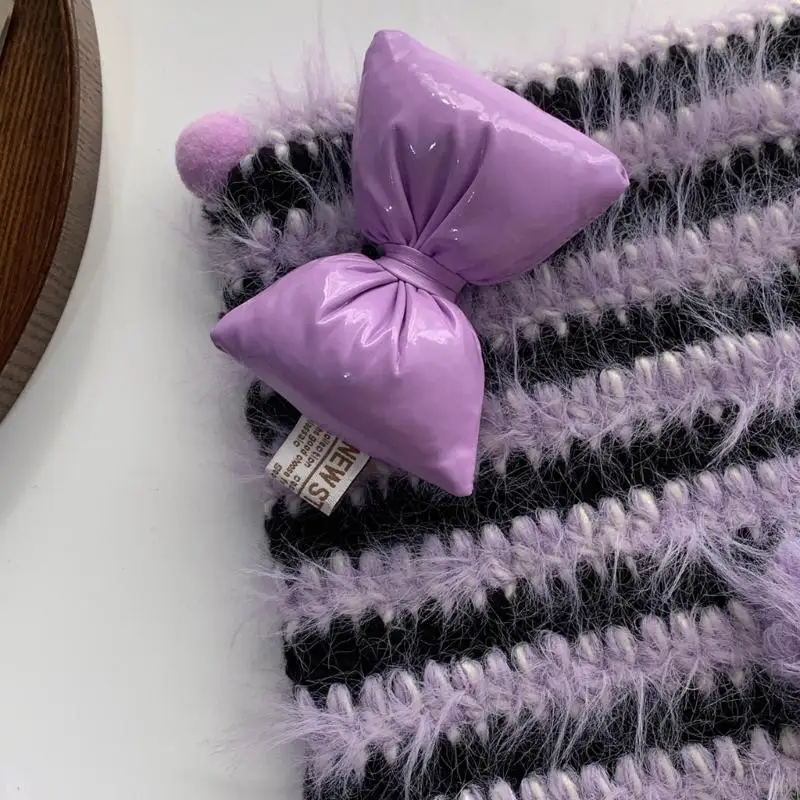 보라색 줄무늬 비니 소녀 Y2K 모자 니트 모자 두꺼운 손으로 짠 모자 스트리트 Y08E