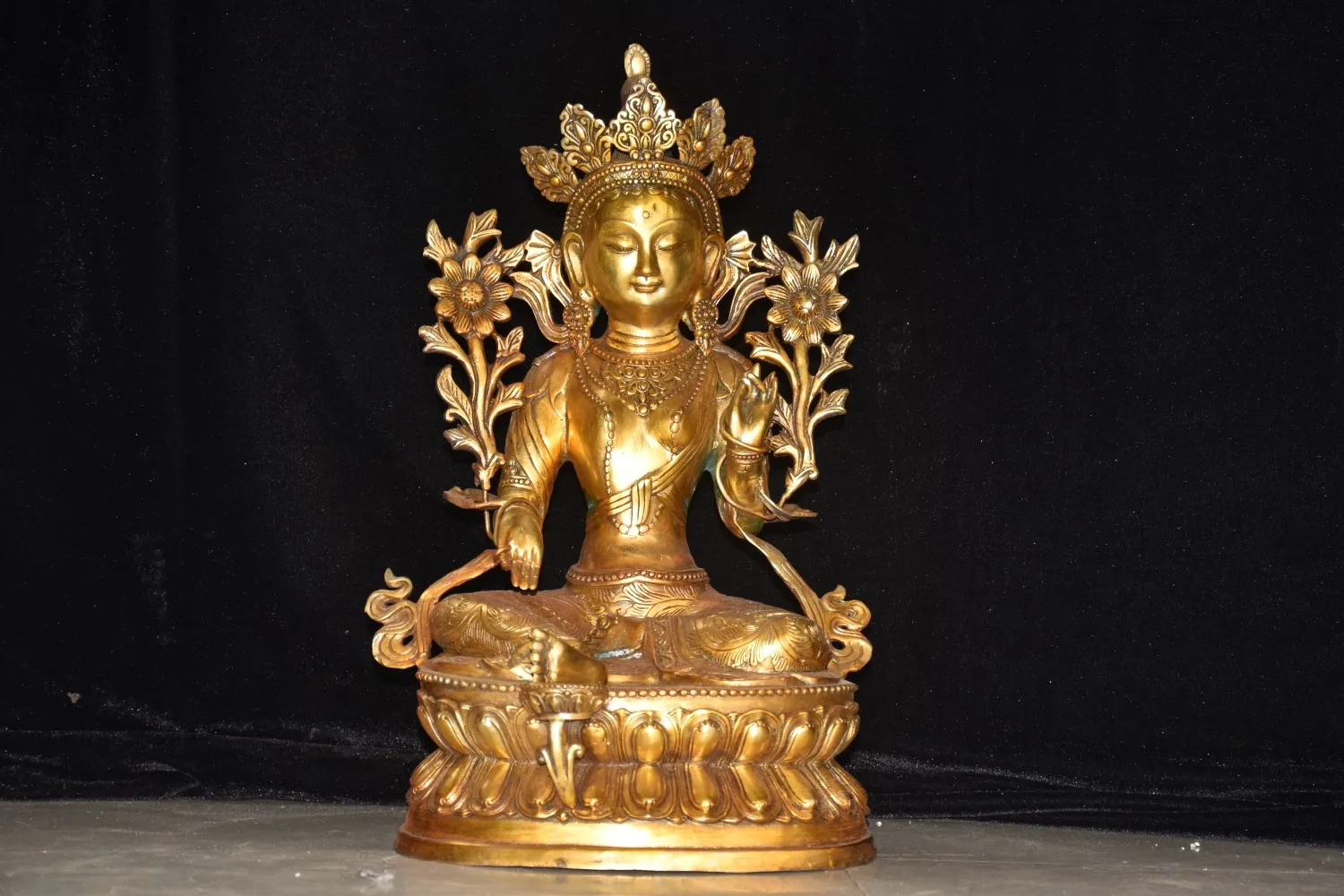 

18"Tibetan Temple Collection Old Bronze Gilded Cinnabar Bodhisattva Tara(Green) Buddha Lotus Terrace Worship Hall Town house