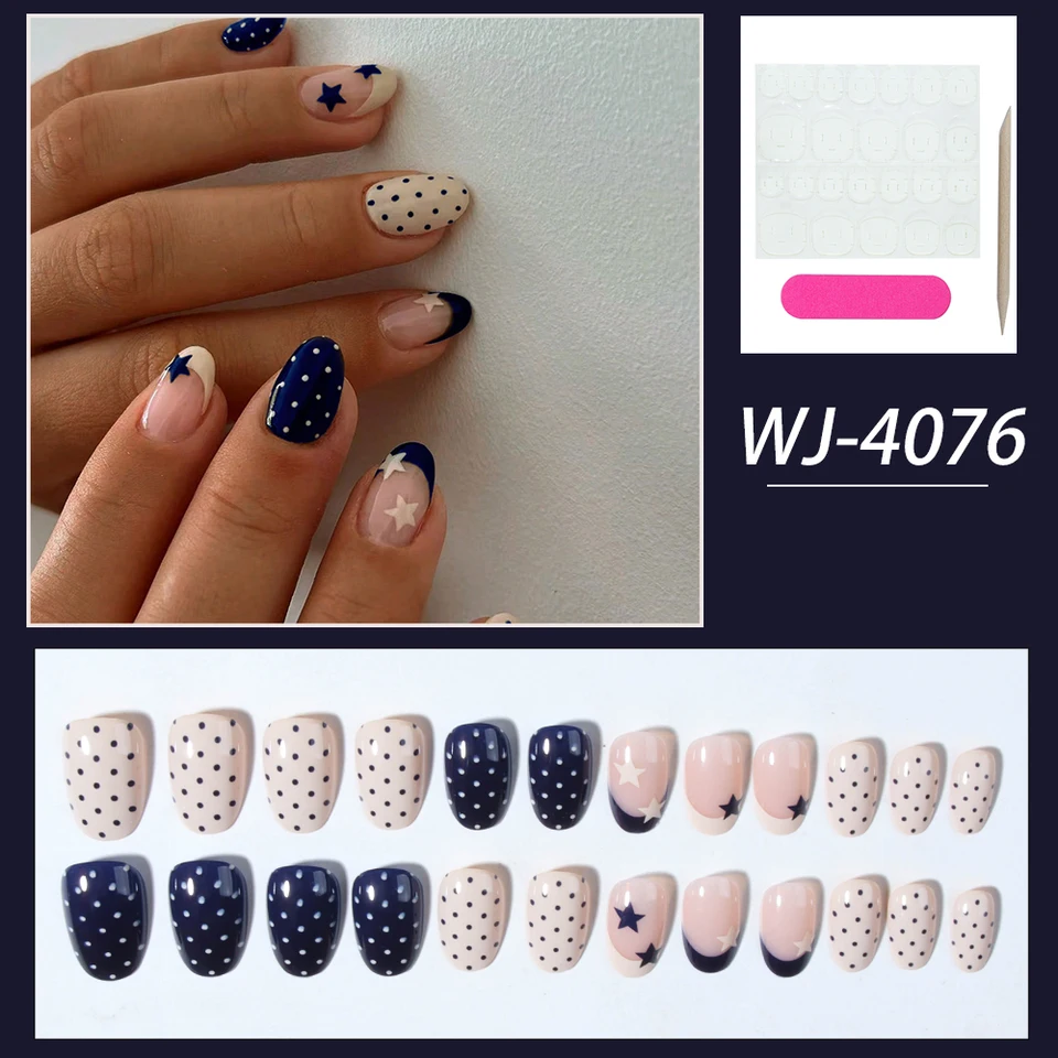 24 piezas uñas postizas ovaladas con estrellas y lunares, material acrílico, incluye 1 gel y 1 lima 3