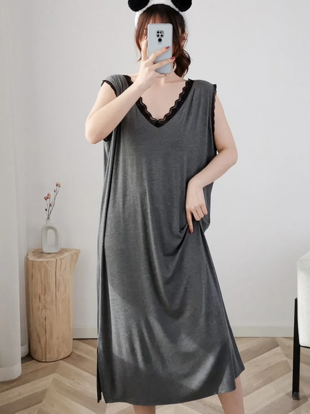 

Summer Lace Splice V-neck Sleeveless Vest Dress Comfortable Casual Home Clothes Sleepwear Dress Extra Large Size