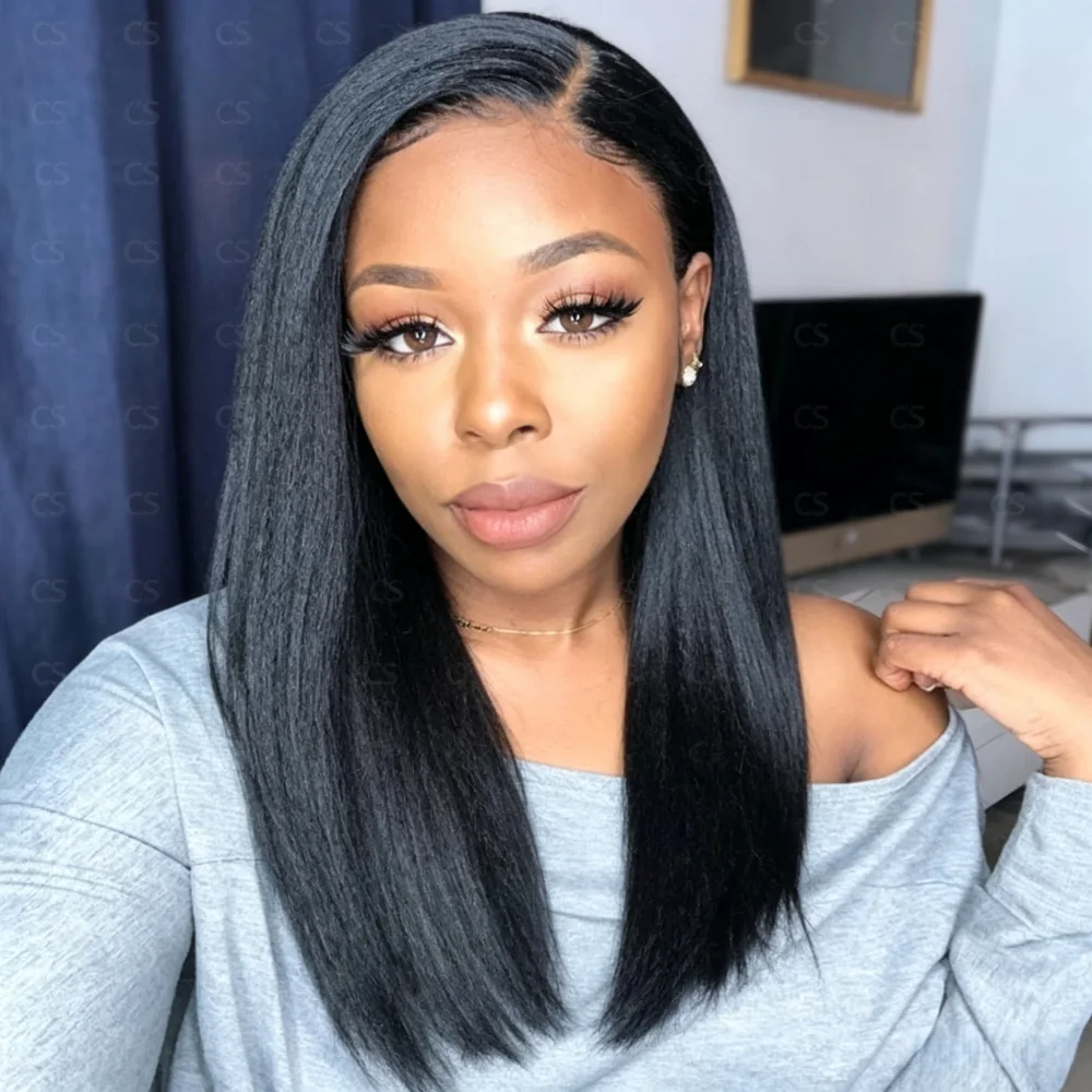14 Inch 180 Density Kinky Curly Glueless Bob Lace Front Wig for Women Soft Preplucked Black Yaki Synthetic Wig with Baby Hair fo