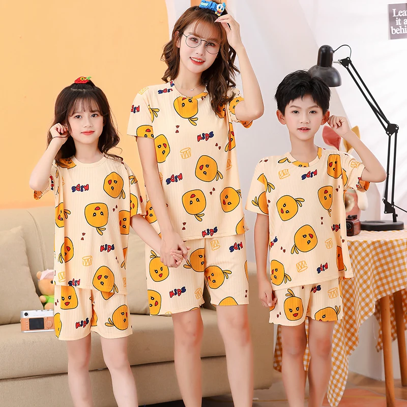 2 pieces for boys and girls pajamas Summer parent-child thin short sleeve cute neutral children's set CuHK children's homewear