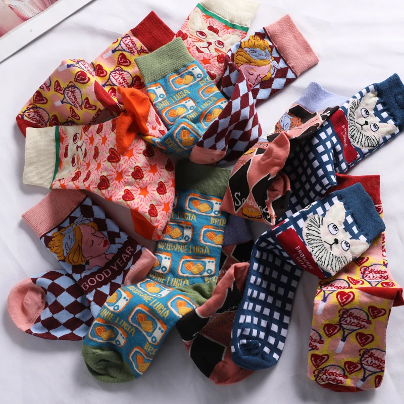Kawaii  Lolita Long Tube Socks Japanese Cartoon Illustration Mid-Calf Socks Couples Spring Season Home Comfortable Socks