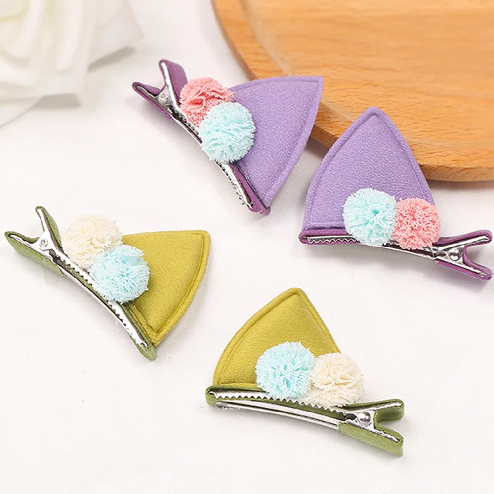 50 Pcs/Lot, 3D Ears Mesh Pompoms Hair Clips Partial Lined Baby Hairpins Holiday Gift Girls Hair Accessories