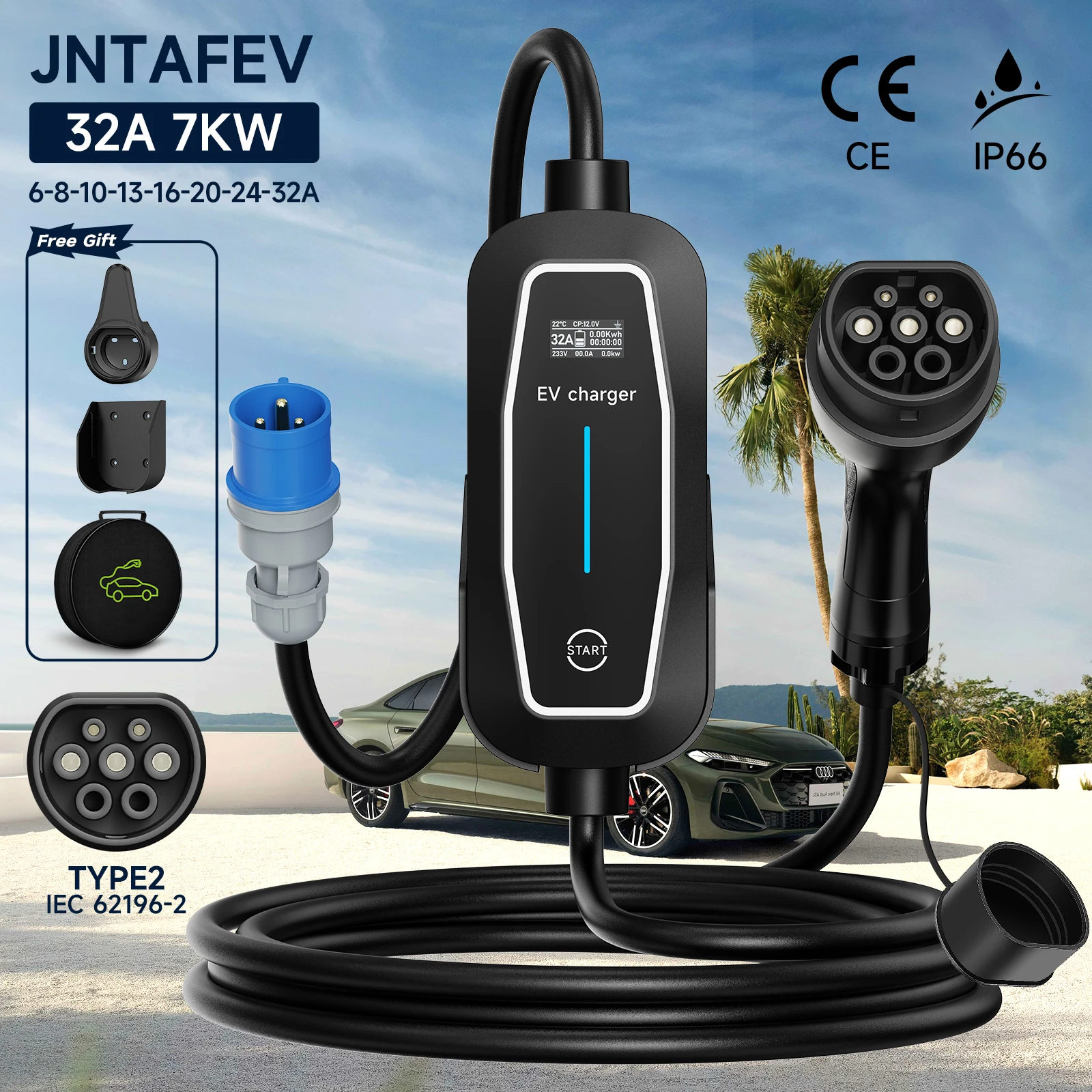 Portable EV Charger Wallbox 32A 7KW Type2 EVSE CEE Plug Equipped with J1772 Type1 Adapter Electric Vehicle Charging Cable Box