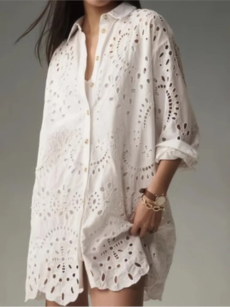 

Elegant White Shirt Lady Fashion Long Sleeve Hook Flower Hollow Button Shirts Tops Casual Office Holiday Womens Clothing Spring