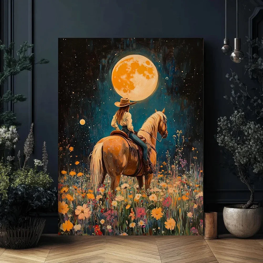 Multiple sizes 1pc frameless Canvas Painting,Cowgirl Riding Horse in Field of Wildflowers Poster and Prints Canvas Painting Wall