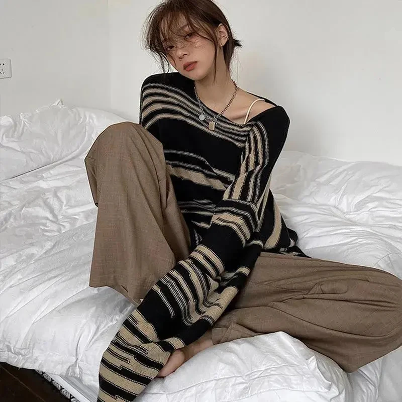 Streetwear Punk Women Striped Knitted Sweaters Vintage Harajuku Loose Lazy Wind Pullovers Casual Long Sleeved Top New