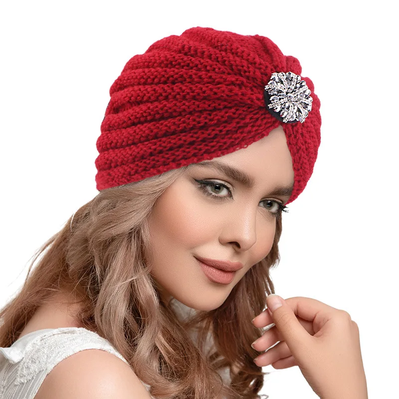 Women Bohemian Style Warm Winter Autumn Knitted Cap Fashion Boho Soft Hair Accessories Turban Solid Color Female Muslim Hat