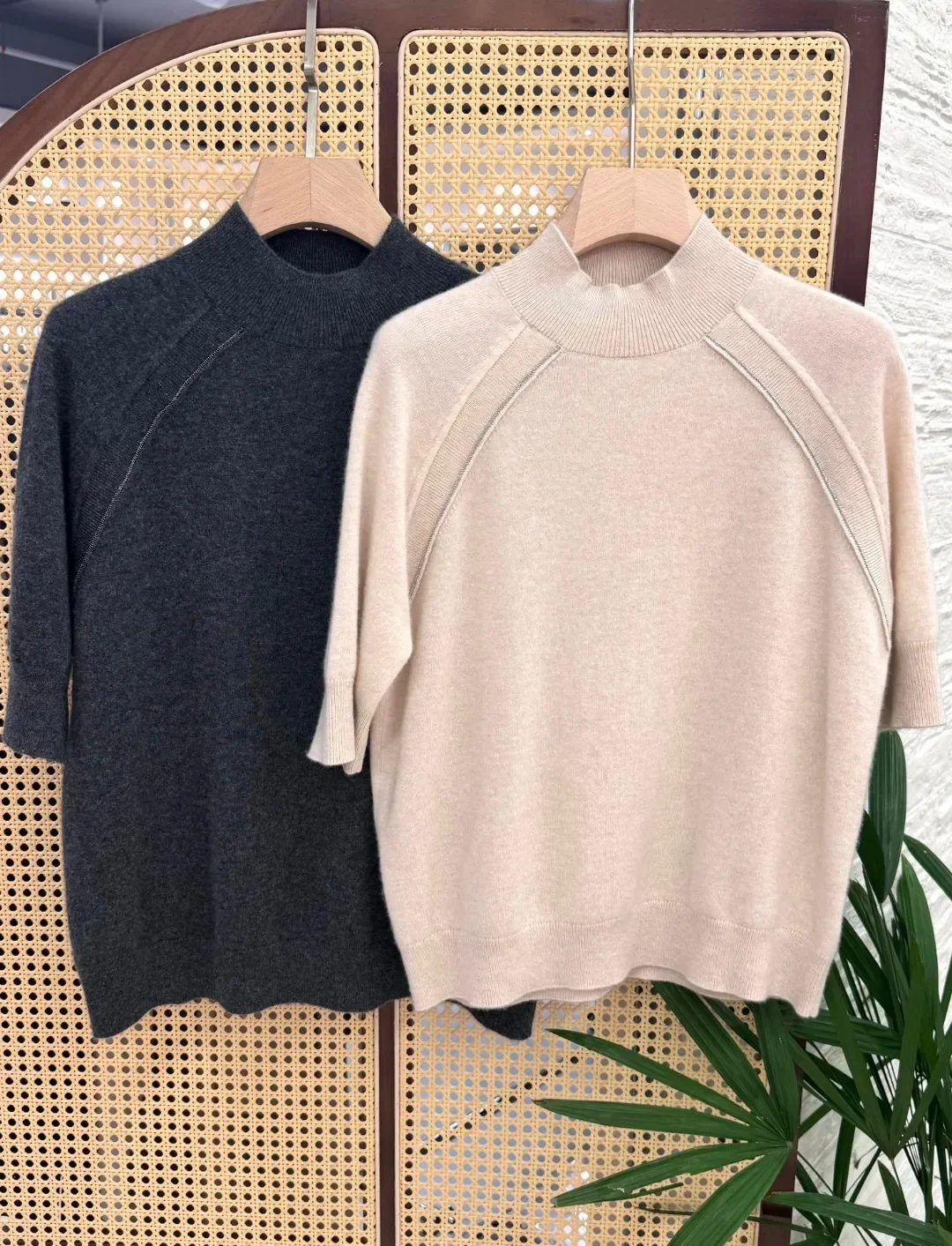 

Bead Chain Women's 100% Cashmere Sweater Half-high Collar Short Sleeve Casual Fashion Knitted Pullover
