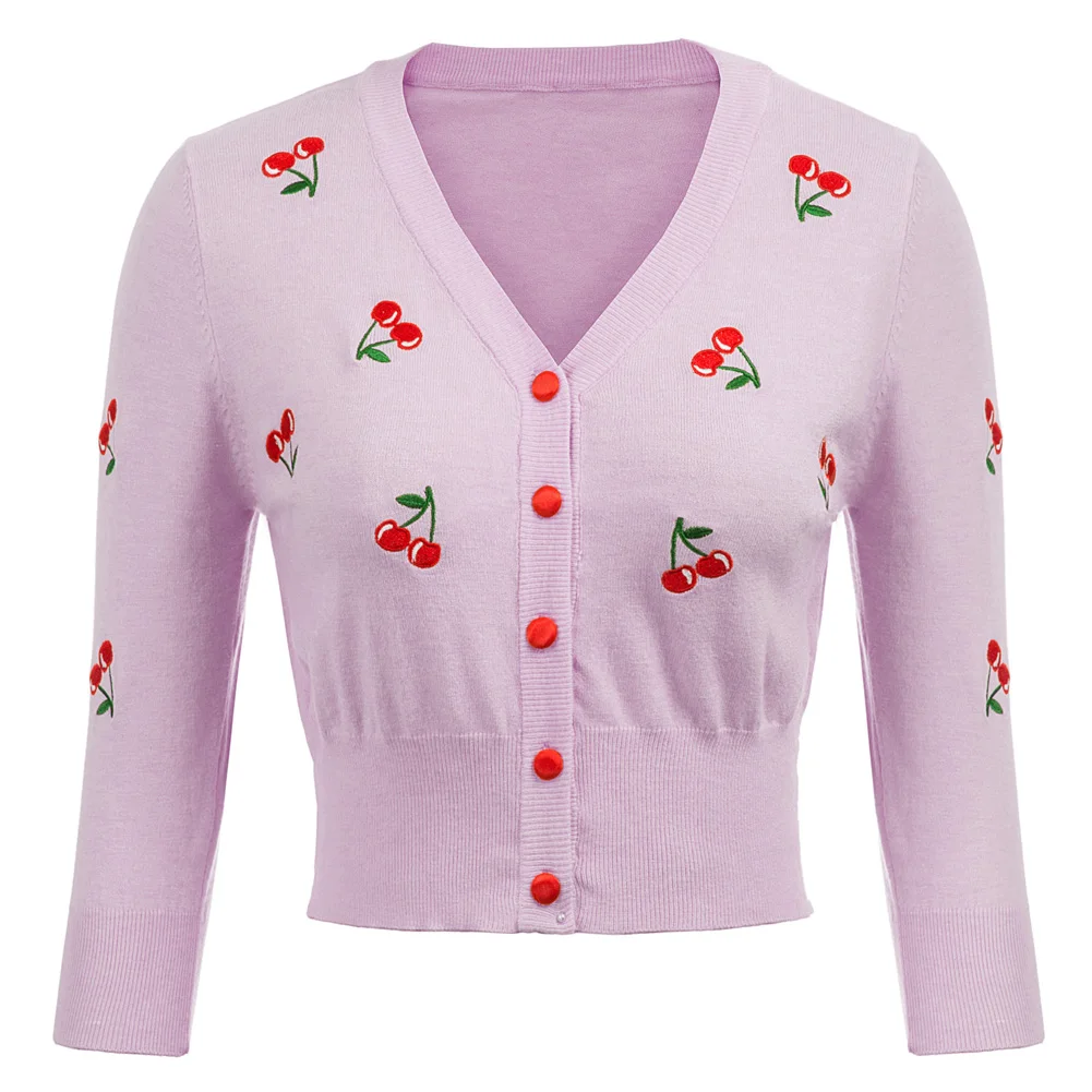 Women\'s Cardigan Cherries Embroidery 3/4 Sleeve V-Neck Slim Comfortable Fall Spring Shrug Bolero Cropped Knitting Coat Knitwear