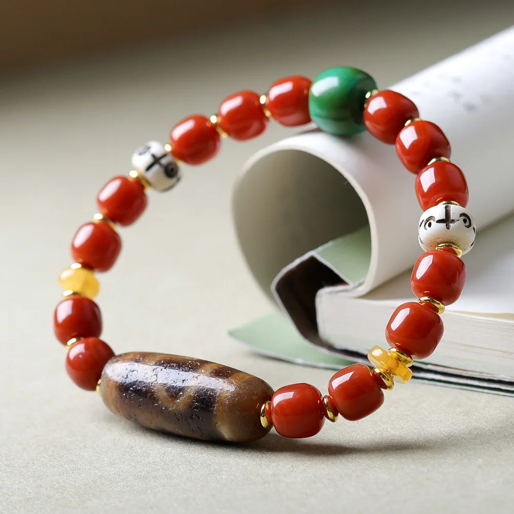 

Original Design Red Agate Barrel Bead Bracelet Tibetan Style Patina Bodhi Dzi Bead Wristband Gifts