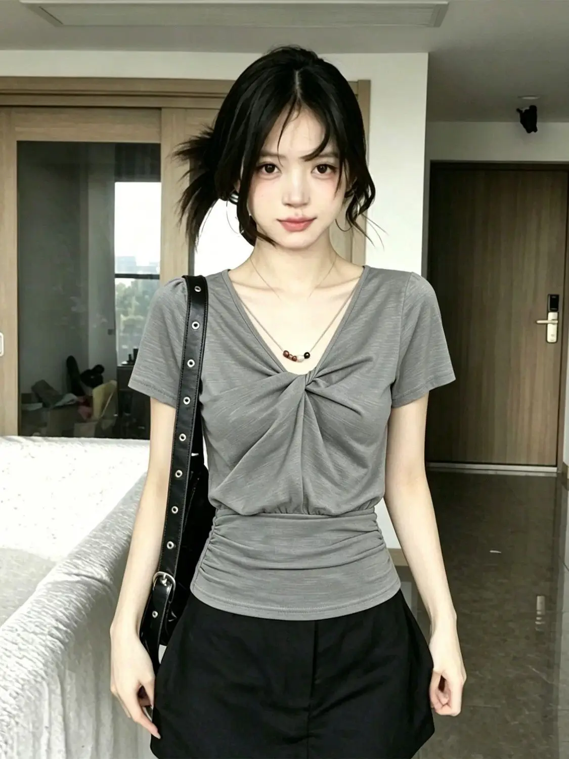 Kimotimo Korean Gray Beaded V-Neck Short Sleeve T-Shirt Women Twist Front Slim Fit Waist-Cinching Top Sweet Hot Girl Summer Tee