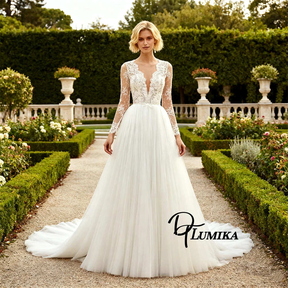 

DTLumika Full Illusion Sleeves Bride Dresses for Women Deep V neck Lace Wedding Dress Cusotmized Sheer Back Bridal Gown