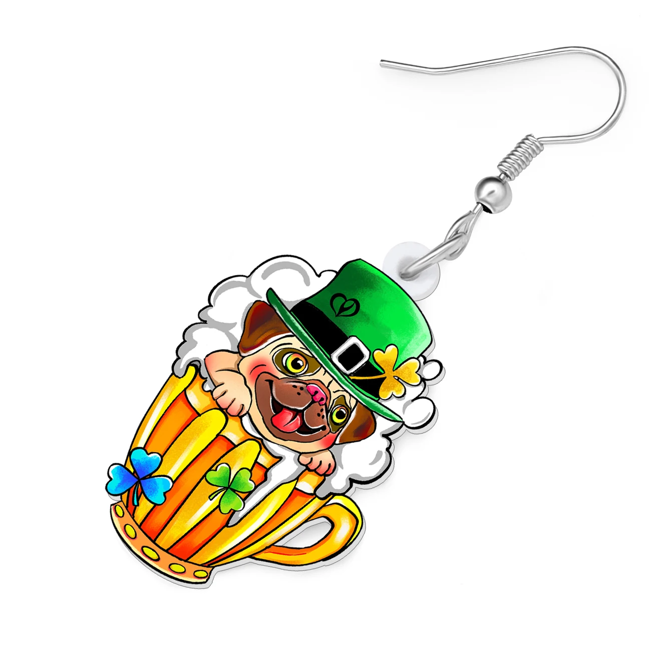BONSNY Acrylic St Patricks Day Pug Dog Earrings Lucky Green Hat Shamrock Animal Irish Jewelry Good Luck Gifts For Women Drinkers - view 4