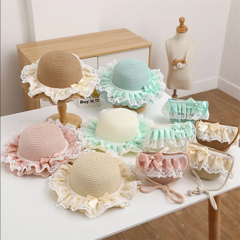 

New Fashion 2 Pcs Cute Bow Beach Hat and Shoulder Bag Girls Outdoor Flowers Beach Cap Cute Travel Beach Sun Hat Crossbody Bag