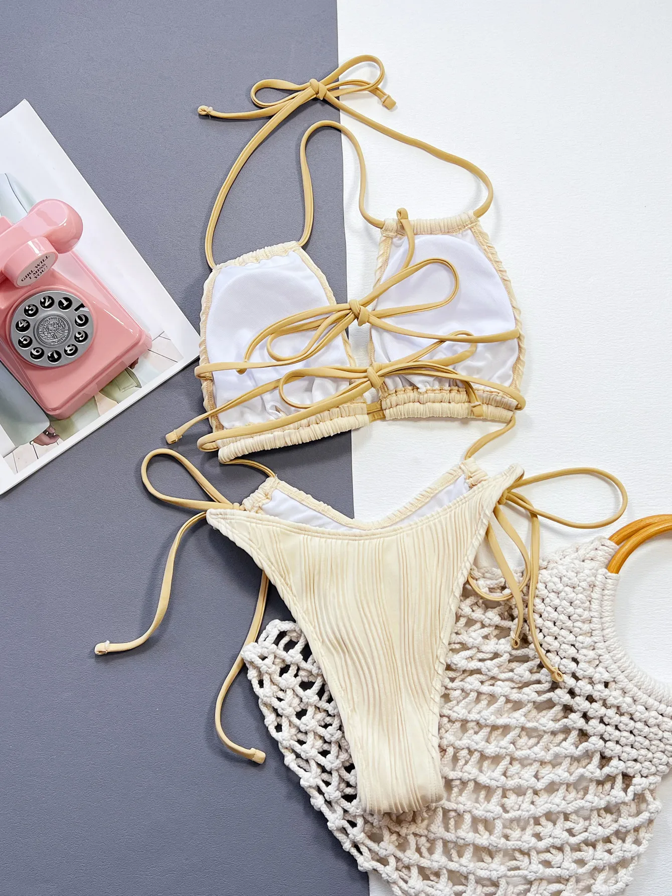 Traje de baño acanalado de vendaje beige para mujer, bikini de una pieza con lazo halter y espalda descubierta, traje de baño, trajes de playa, mono, bikini