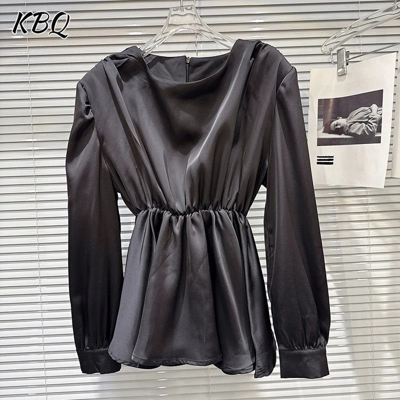

KBQ утягивающие однотонные элегантные блузки во французском стиле для женщин с круглым вырезом и длинными рукавами, весенние темпераментные рубашки, женская мода, новинка