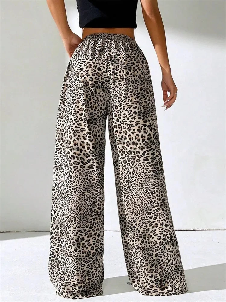 leopard print wide leg pants women autumn winter 2025 Y2K clothes elastic high waist floor lenth trousers streetwear