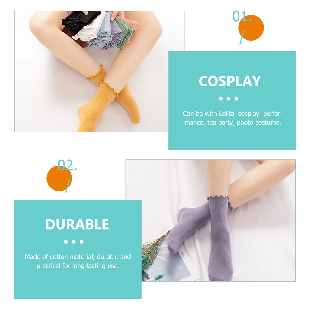 

6Pairs Ruffled Cotton Socks for Girls Japanese Style Lolita Cosplay Socks Comfortable Elastic Fit Fashionable Design for Tea