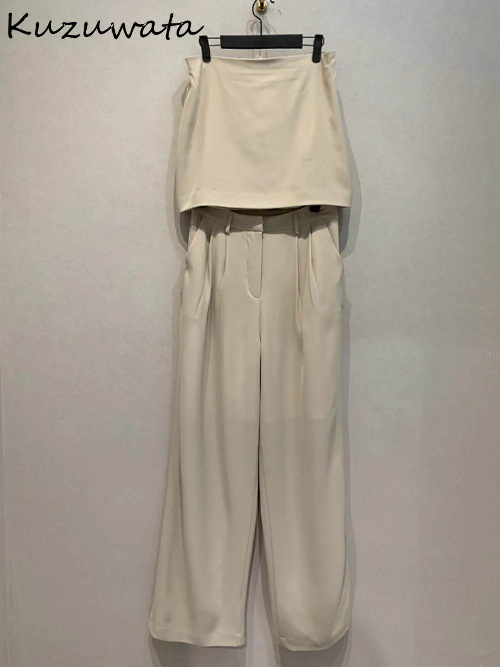 Kuzuwata Elegant High Waist Casual Sets Pants Chest Wrap Slim Fit Straight Ruched Sweatpants Japan Moda Vintage Suits Trousers