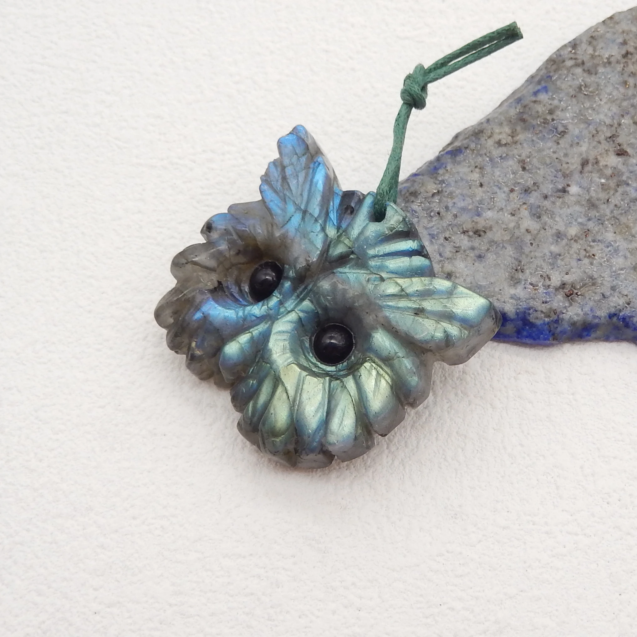 Handmade Jewelry Flashy Labradorite Carved Owl Head Pendant Bead,Natural Stone Necklace Accessories Women Men Gift 31x35x9mm 20g