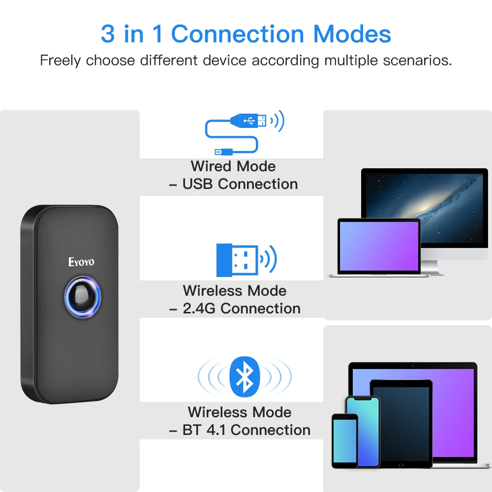 Eyoyo-escáner de código de barras portátil, lector de código de barras con cable USB, láser 1D, Bluetooth, 2,4G, inalámbrico, escaneo rápido y