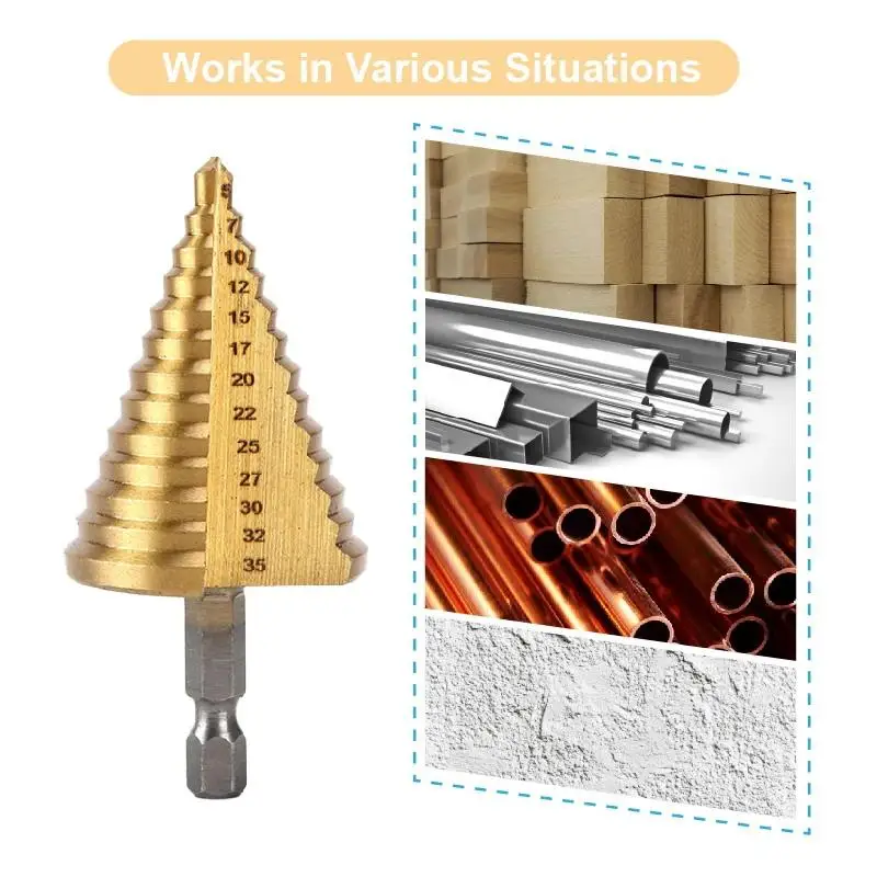 

5-35 Gold Titanium Plate Pagoda Drill Hexagonal Straight Groove Step Drill Bit Wood Plastic Aluminum Hole Expand Tool Accessory