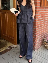 Korean Women's Denim Two-piece Set: Retro V-neck Cami and High Waist Wide Leg Trousers YK2 Casual Pants for Stylish Look Suit