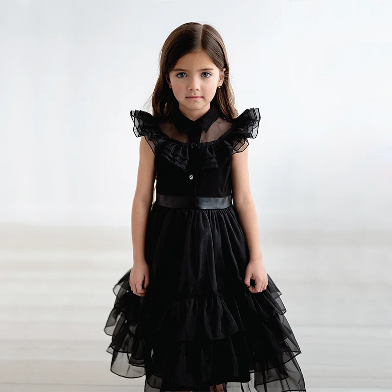 Fantasia Wandinha Wednesday Addams Family Costume Girls Halloween Cosplay Dresses Gothic Wind Vestidos Kids Carnival Dress 3-9Y