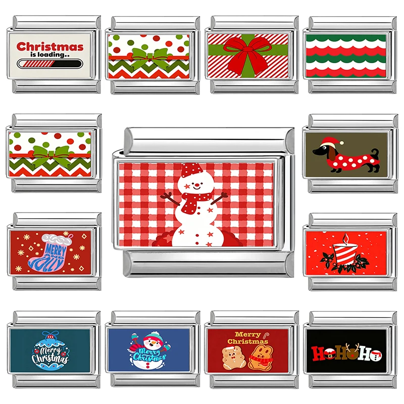Y2K Christmas Gift Box Snowman Socks Italian Charm Link Fit 9mm Stainless Steel Module Bracelet DIY Making Jewelry Wholesale